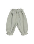 A pair of light sage green baby bloomers with gathered elastic waistband and leg cuffs, shown flat on a light gray background.