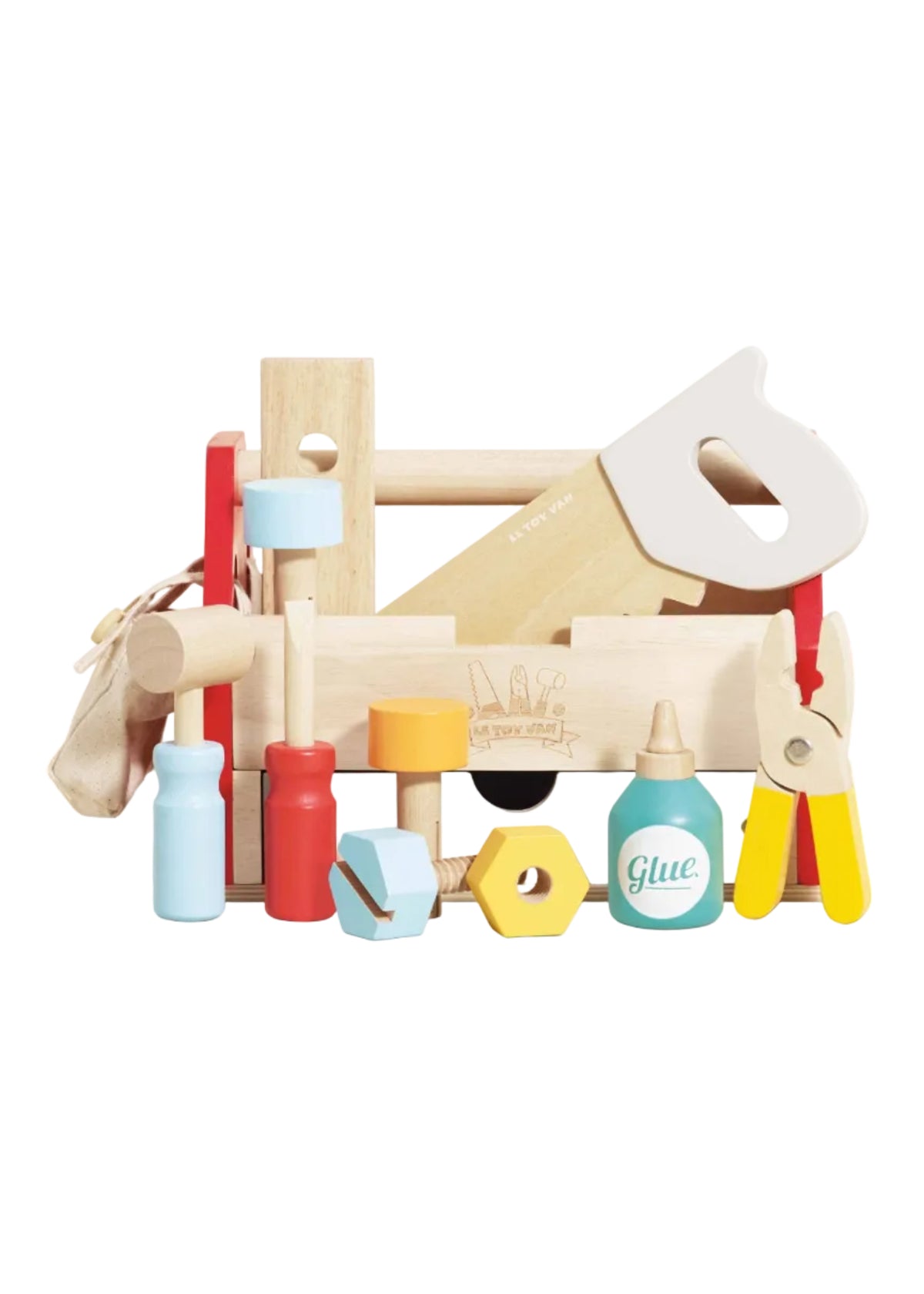 Toy tool set with various tools and a glue bottle on a white background