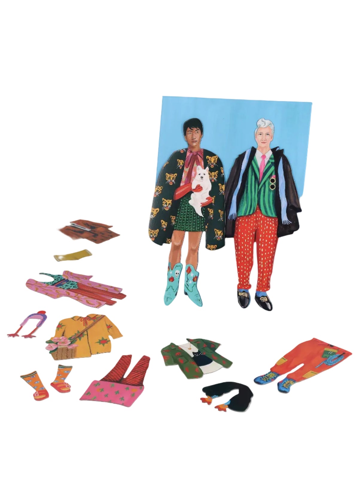 Set of paper dolls with colorful outfits on a blue background