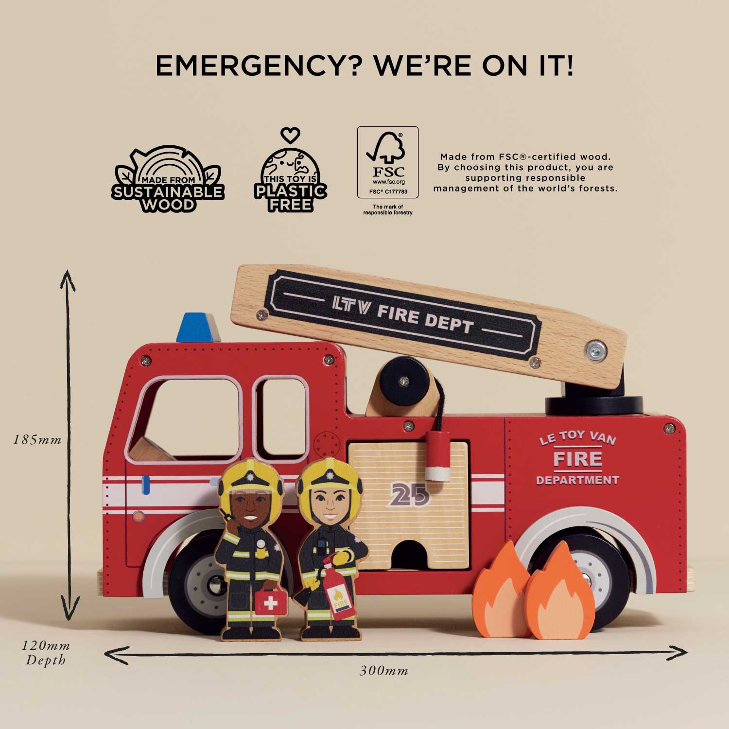 Wooden toy fire truck with firefighters and flames, featuring sustainability logos and dimensions.