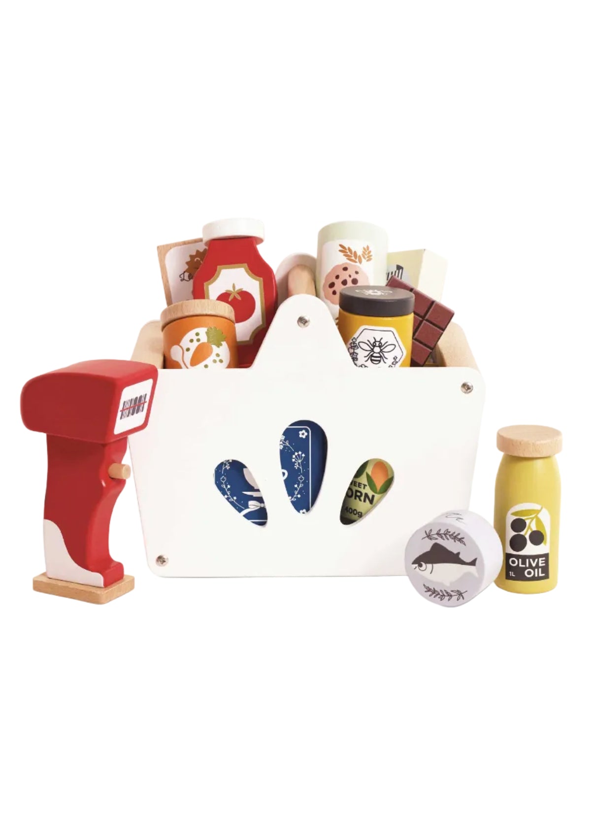 Set of toy kitchen items including a cash register, cups, and bottles on a white background