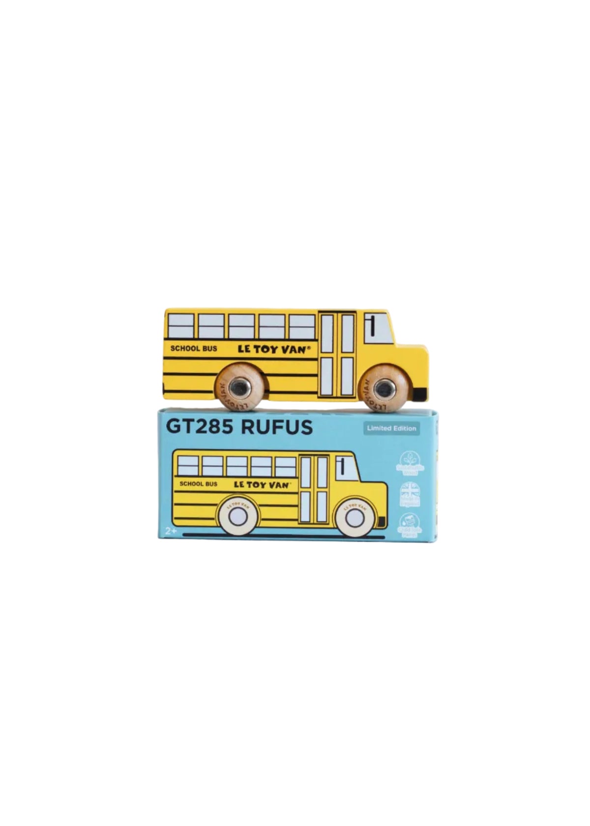 Yellow toy school bus with 'Le Toy Van' branding on a matching box.