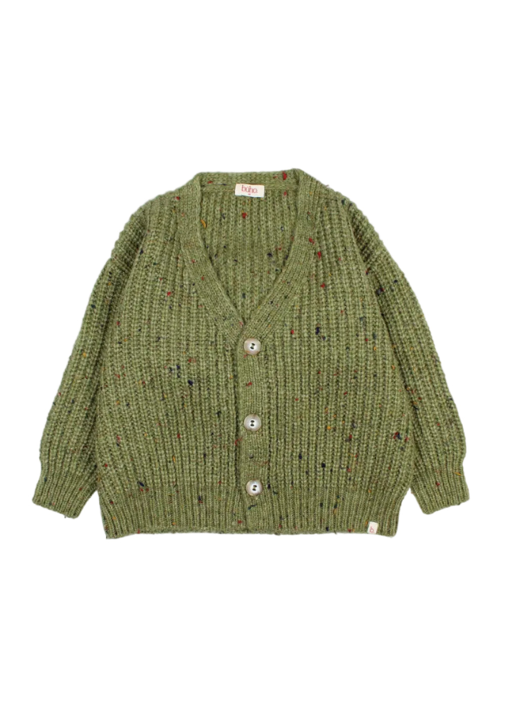 An olive green ribbed knit cardigan sweater with small multicolor flecks throughout, featuring a V-neck and three front buttons, laid flat on a light gray background.