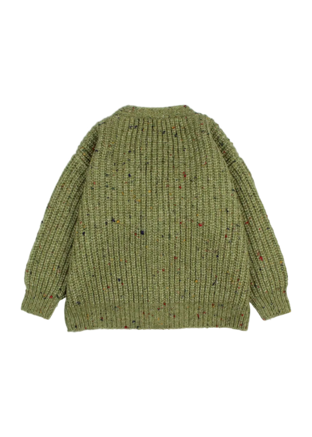 An olive green ribbed knit sweater with subtle multicolor flecks, shown from the back on a light gray background.