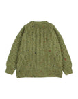 An olive green ribbed knit sweater with subtle multicolor flecks, shown from the back on a light gray background.