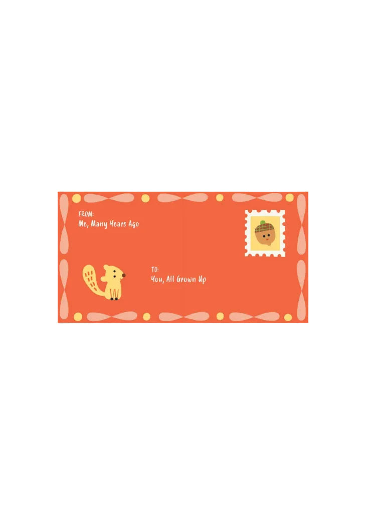 Greeting card with a cartoon bear, postage stamp, and decorative border on an orange background.