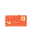 Greeting card with a cartoon bear, postage stamp, and decorative border on an orange background.