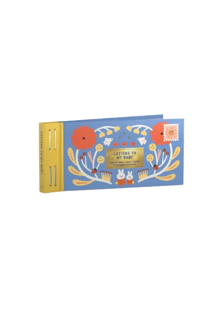 A hardcover book titled 'Letters to My Baby' with a blue cover decorated with whimsical floral and animal illustrations, and a yellow spine, shown on a clean white background.