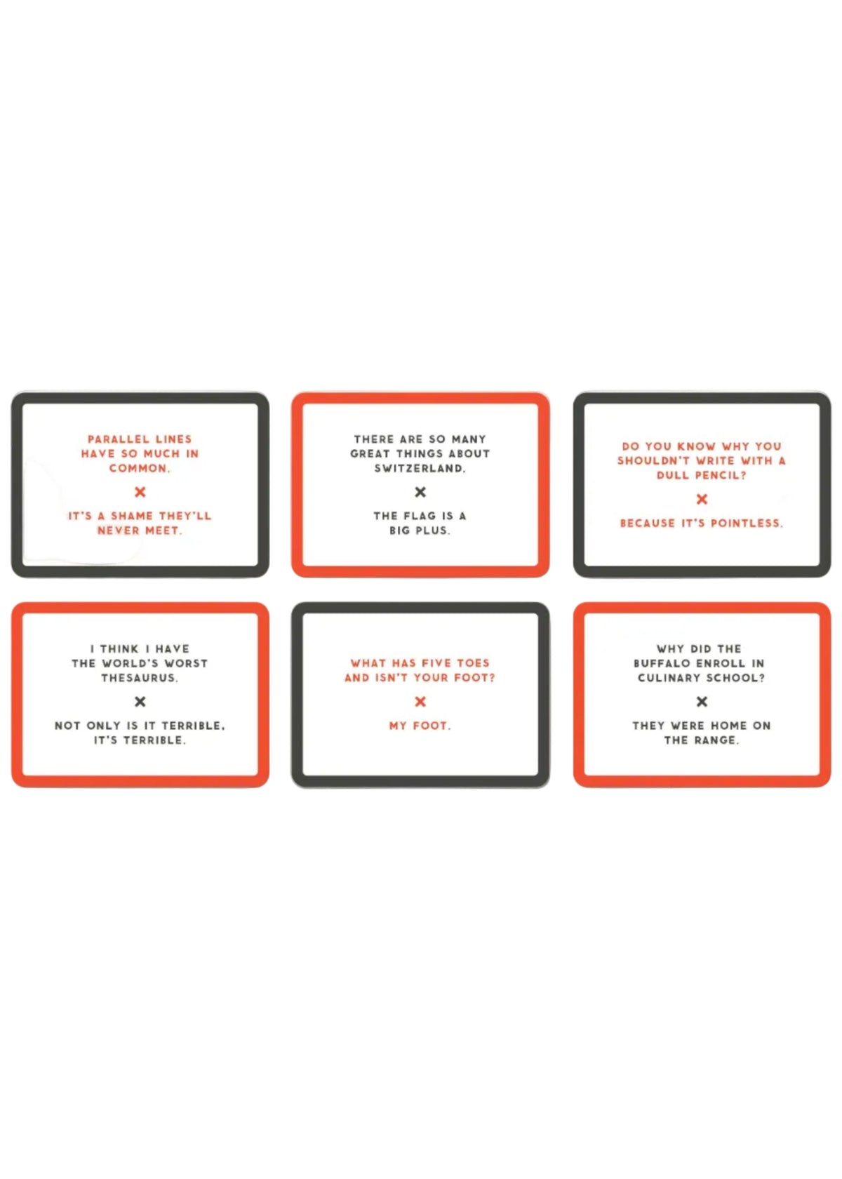 Set of six humorous cards with text and red borders on a white background