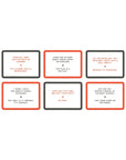 Set of six humorous cards with text and red borders on a white background