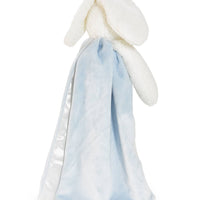 Plush bunny toy with a blue blanket on a white background