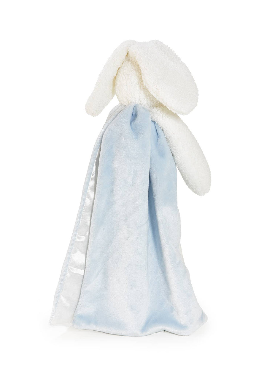 Plush bunny toy with a blue blanket on a white background