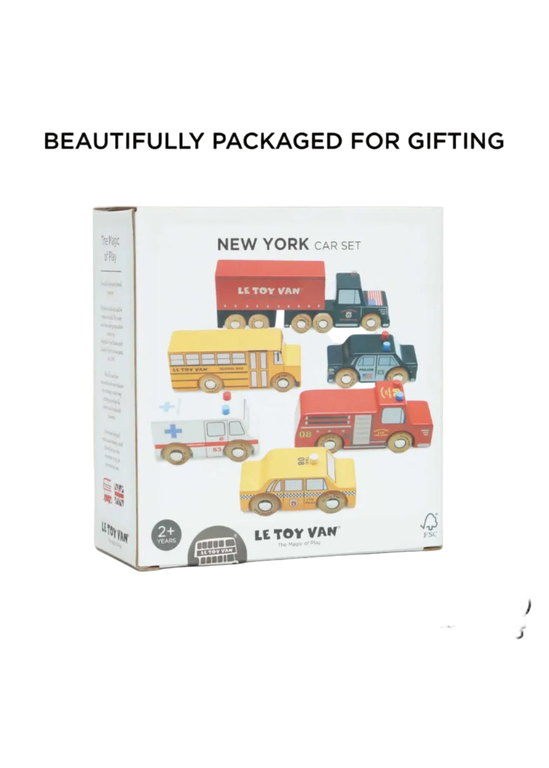 Box of Le Toy Van New York car set on a beige background with text 'Beautifully packaged for gifting'.