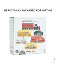 Box of Le Toy Van New York car set on a beige background with text 'Beautifully packaged for gifting'.