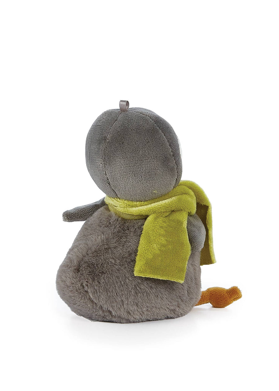 Plush toy mouse with a green scarf on a white background