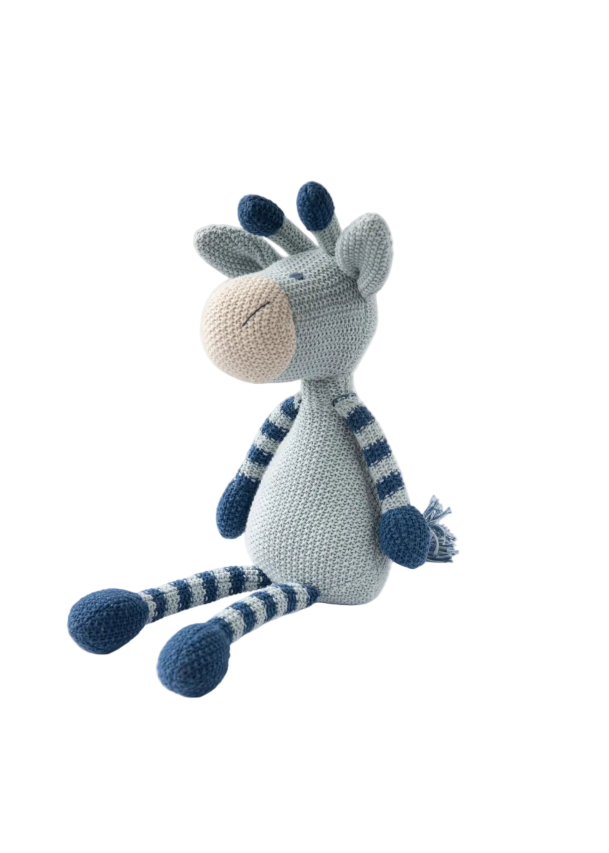 Knitted toy giraffe with blue and white stripes on a white background
