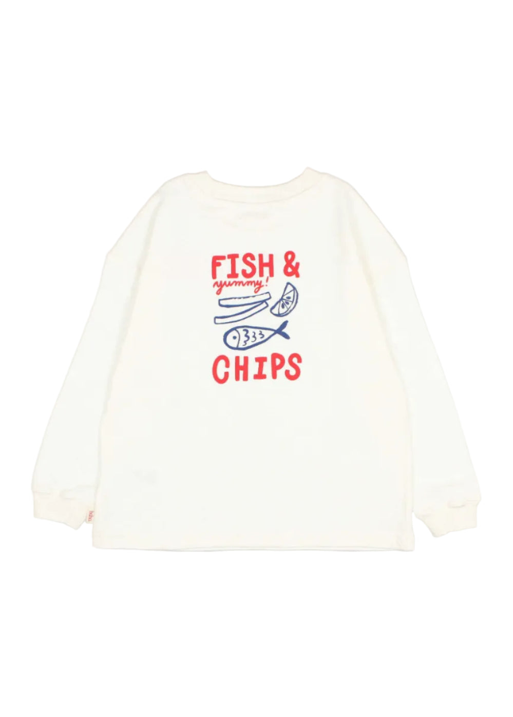 An off-white long-sleeve t-shirt with a red and blue graphic print reading 'FISH & CHIPS' on the front, displayed against a light gray background.
