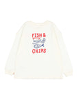 An off-white long-sleeve t-shirt with a red and blue graphic print reading 'FISH & CHIPS' on the front, displayed against a light gray background.