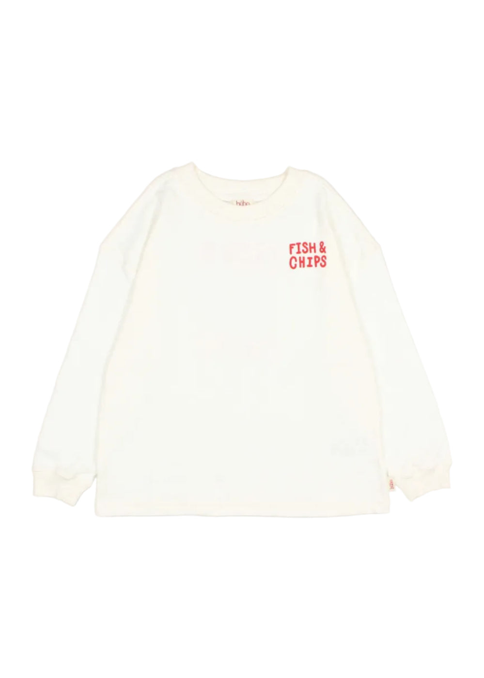 An off-white long-sleeve crewneck shirt with 'FISH & CHIPS' printed in red on the left chest, displayed flat against a light gray background.