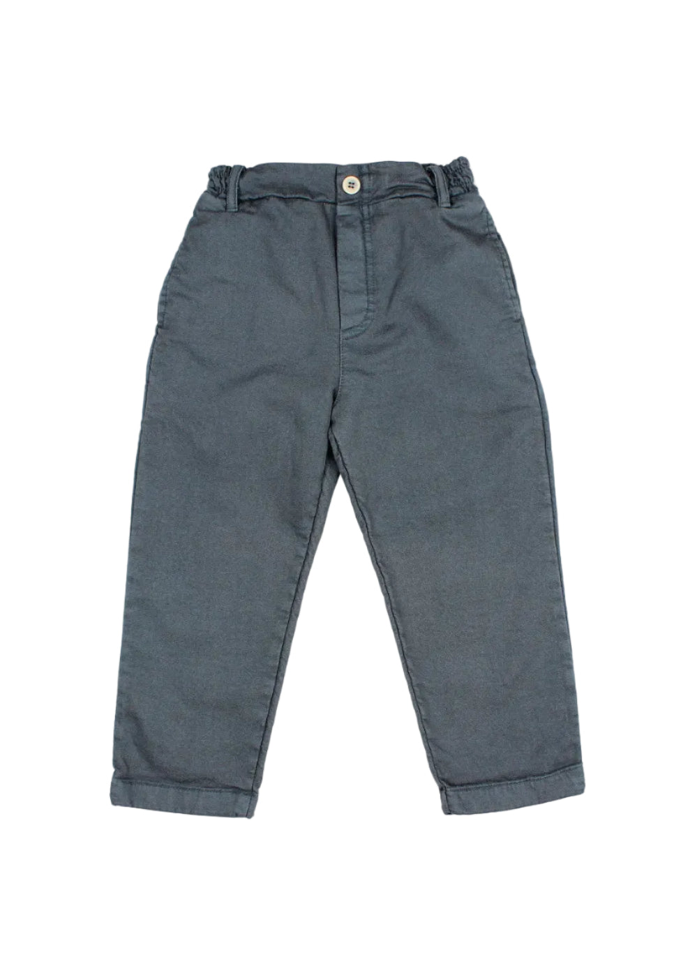 A pair of dark slate blue denim pants for kids, laid flat against a light gray background.