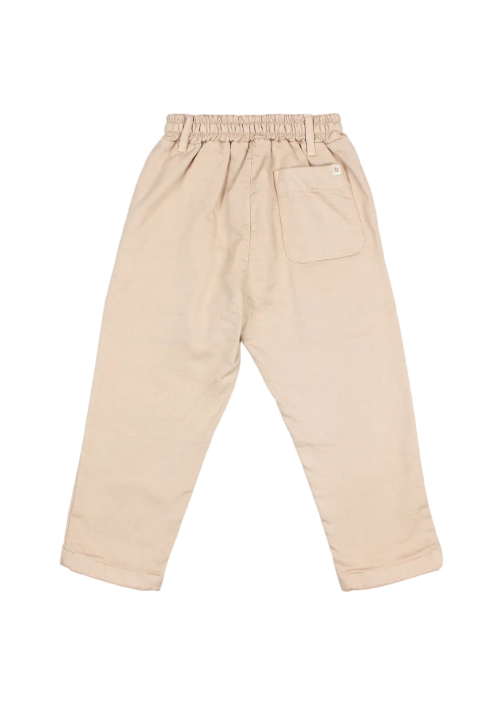 A pair of beige children's trousers with an elastic waistband and a side pocket, shown flat on a light gray background.