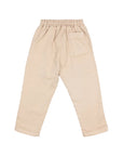 A pair of beige children's trousers with an elastic waistband and a side pocket, shown flat on a light gray background.