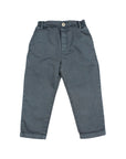 A pair of dark slate blue denim pants for kids, laid flat against a light gray background.