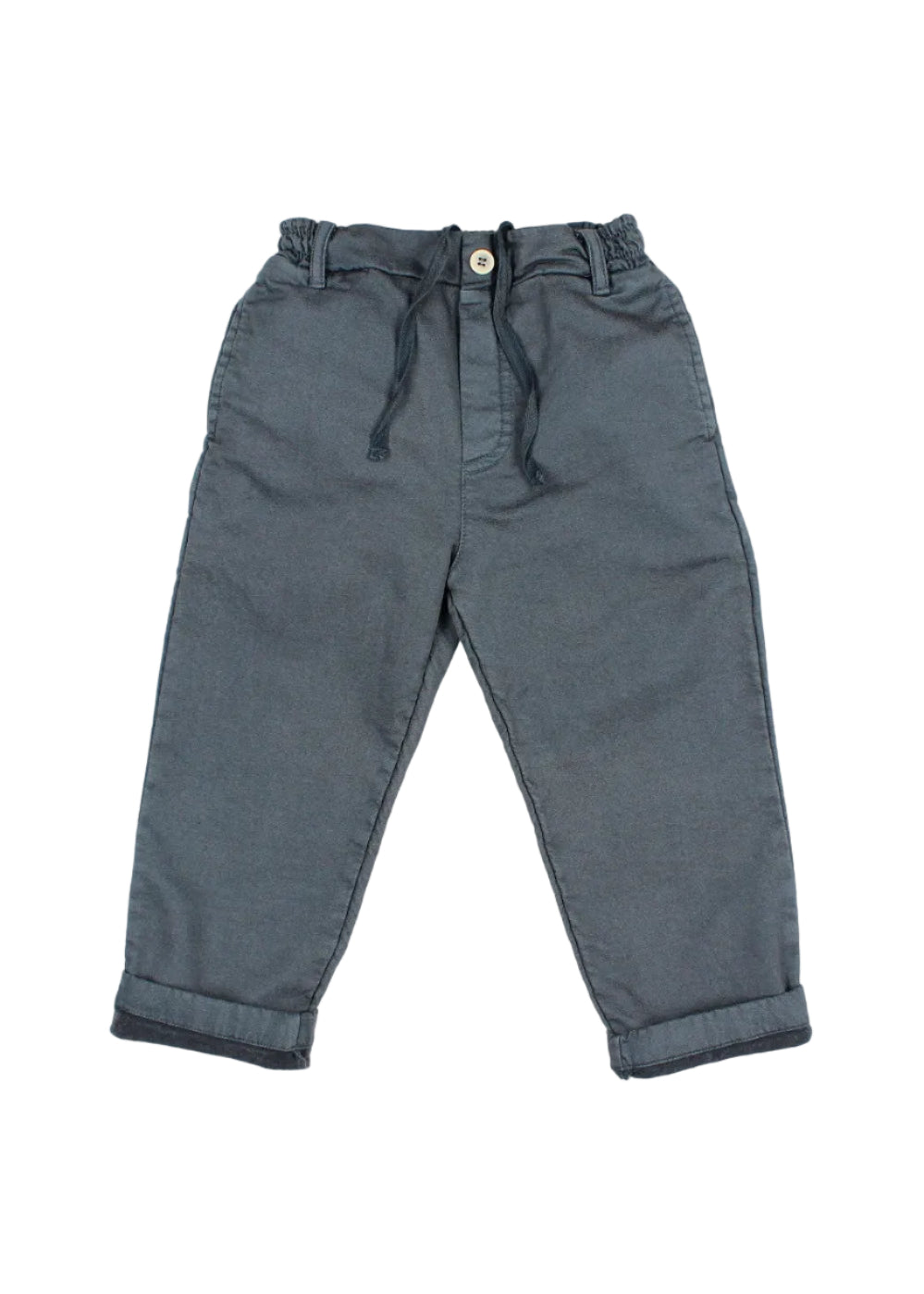 A pair of toddler's dark gray drawstring pants with a button closure and rolled cuffs, laid flat on a light gray background.