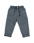 A pair of toddler's dark gray drawstring pants with a button closure and rolled cuffs, laid flat on a light gray background.