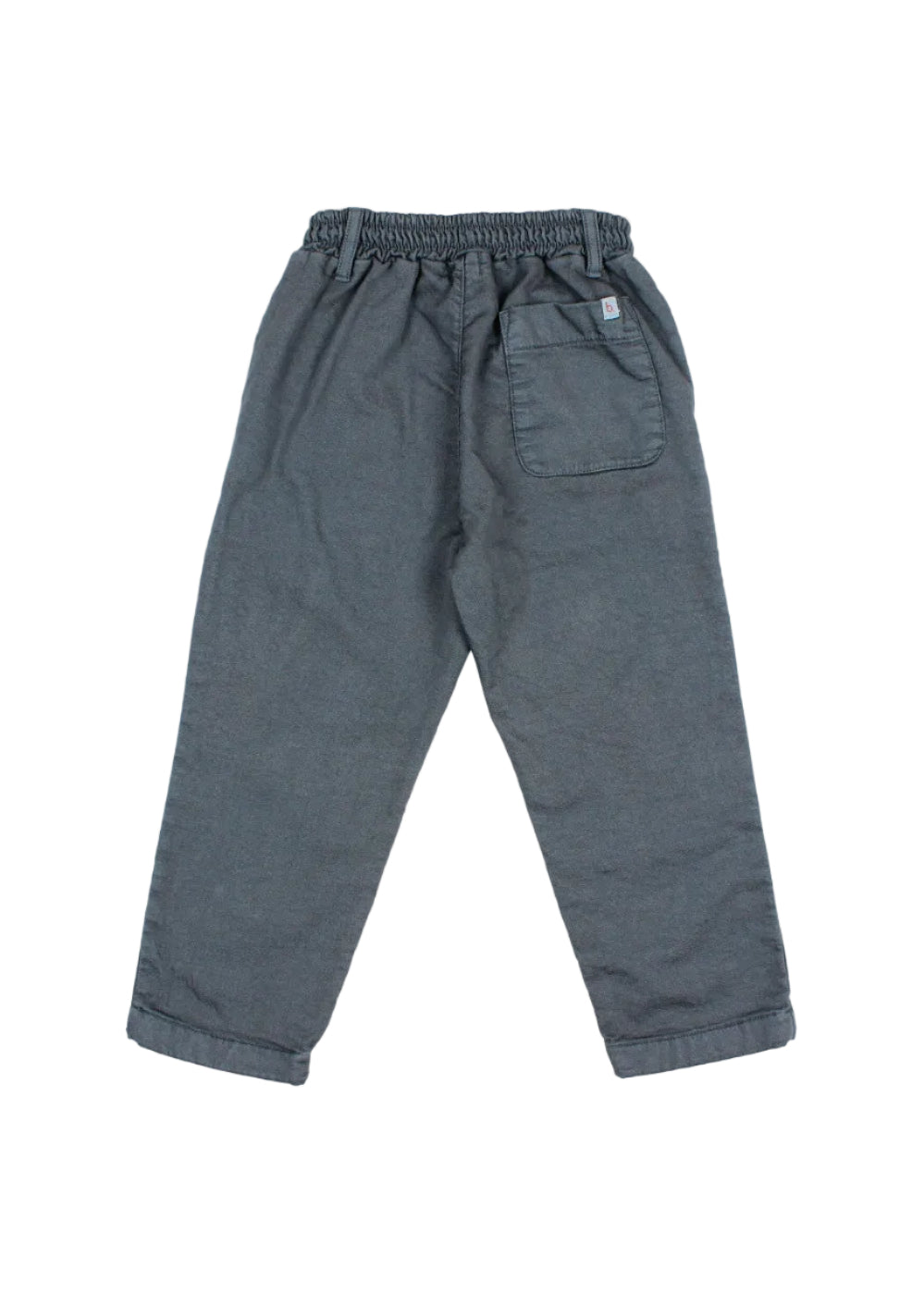 A pair of dark gray children's pants with an elastic waistband, a side pocket, and rolled cuffs, shown flat on a light gray background.