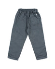 A pair of dark gray children's pants with an elastic waistband, a side pocket, and rolled cuffs, shown flat on a light gray background.