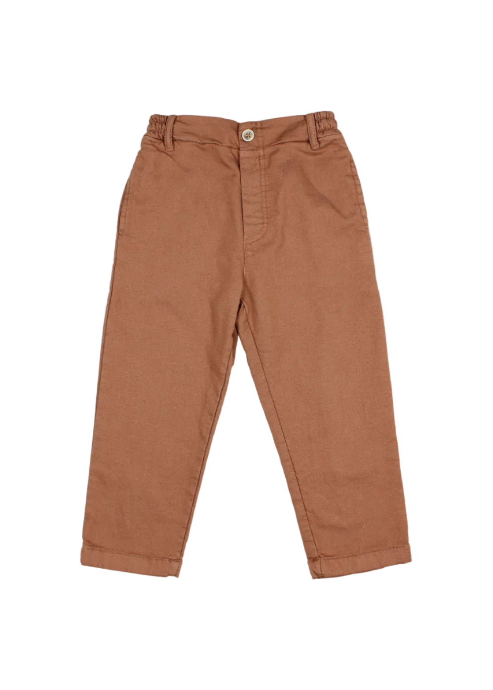 A pair of toddler's slim-fit trousers in a warm rust brown color, laid flat against a light gray background.