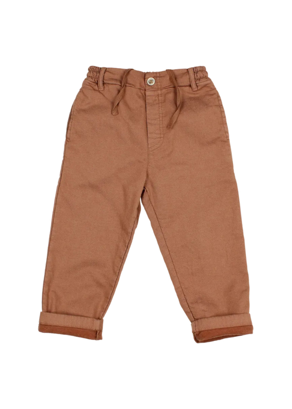 A pair of toddler's brown drawstring pants with rolled cuffs, laid flat on a light gray background.