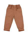 A pair of toddler's brown drawstring pants with rolled cuffs, laid flat on a light gray background.