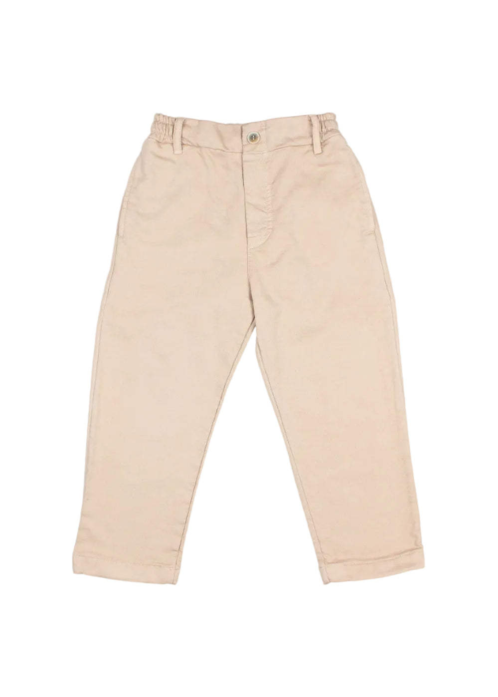 A pair of light beige cropped pants with a tapered leg, laid flat against a light gray background.