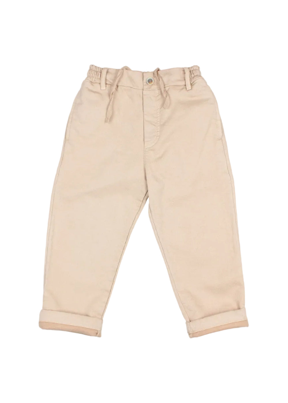 A pair of beige toddler pants with a drawstring waist and rolled cuffs, laid flat on a light gray background.