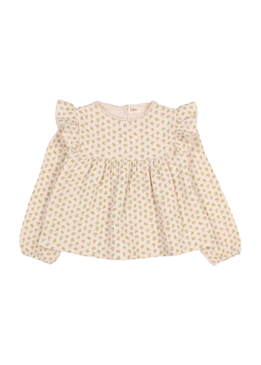 A baby girl's long-sleeve blouse with ruffled shoulders, featuring a delicate beige and pink floral pattern on a light cream background.