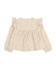 A baby girl's long-sleeve blouse with ruffled shoulders, featuring a delicate beige and pink floral pattern on a light cream background.