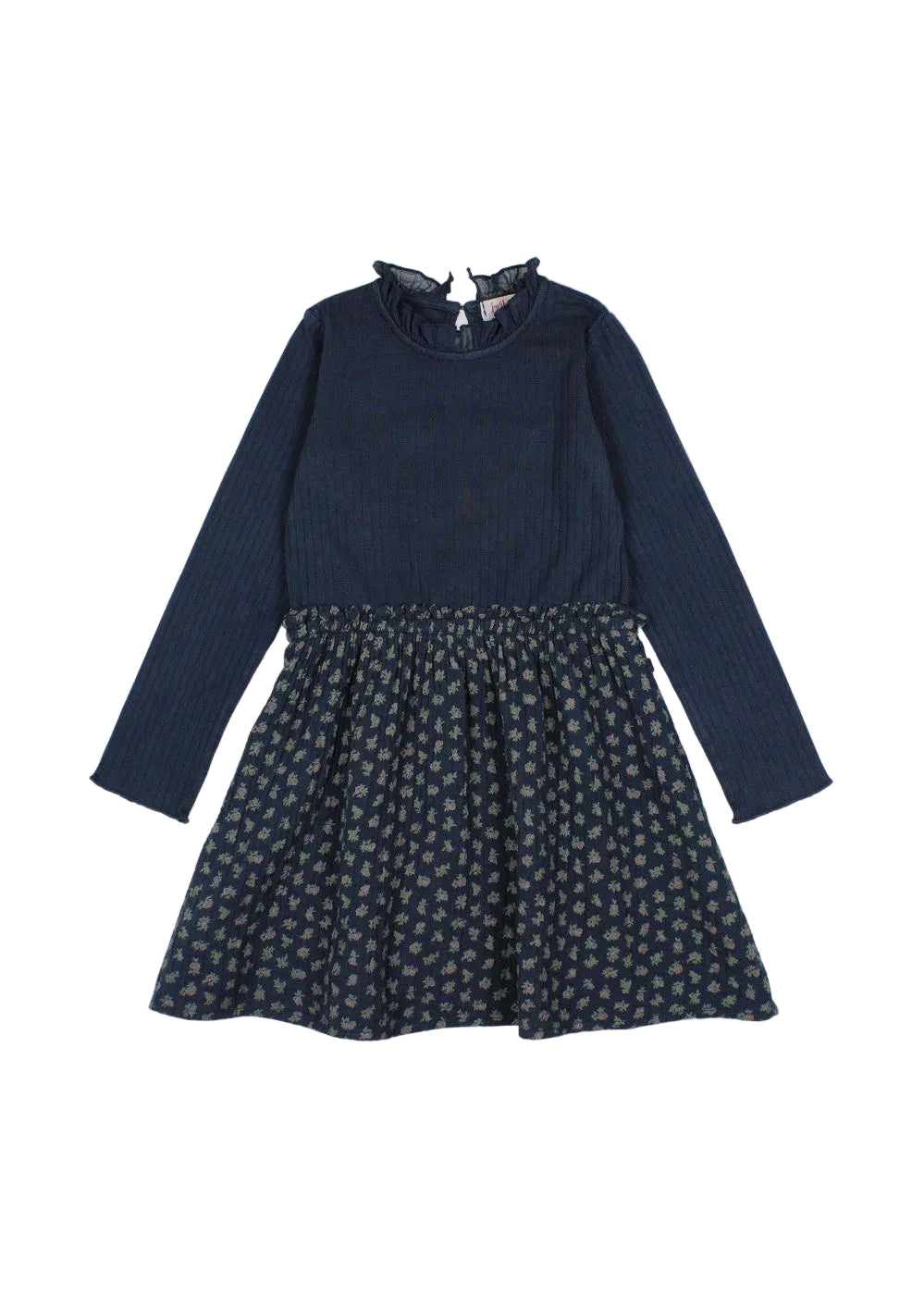 A long-sleeve children's dress in dark navy blue, featuring a ribbed mock neck and upper bodice that transitions into a gathered, flared skirt with a small floral pattern.