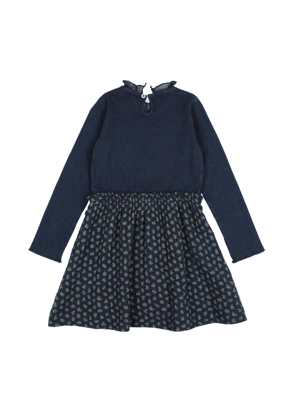 A long-sleeve children's dress with a dark navy ribbed knit top and a pleated skirt featuring a small beige floral pattern, shown on a light gray background.