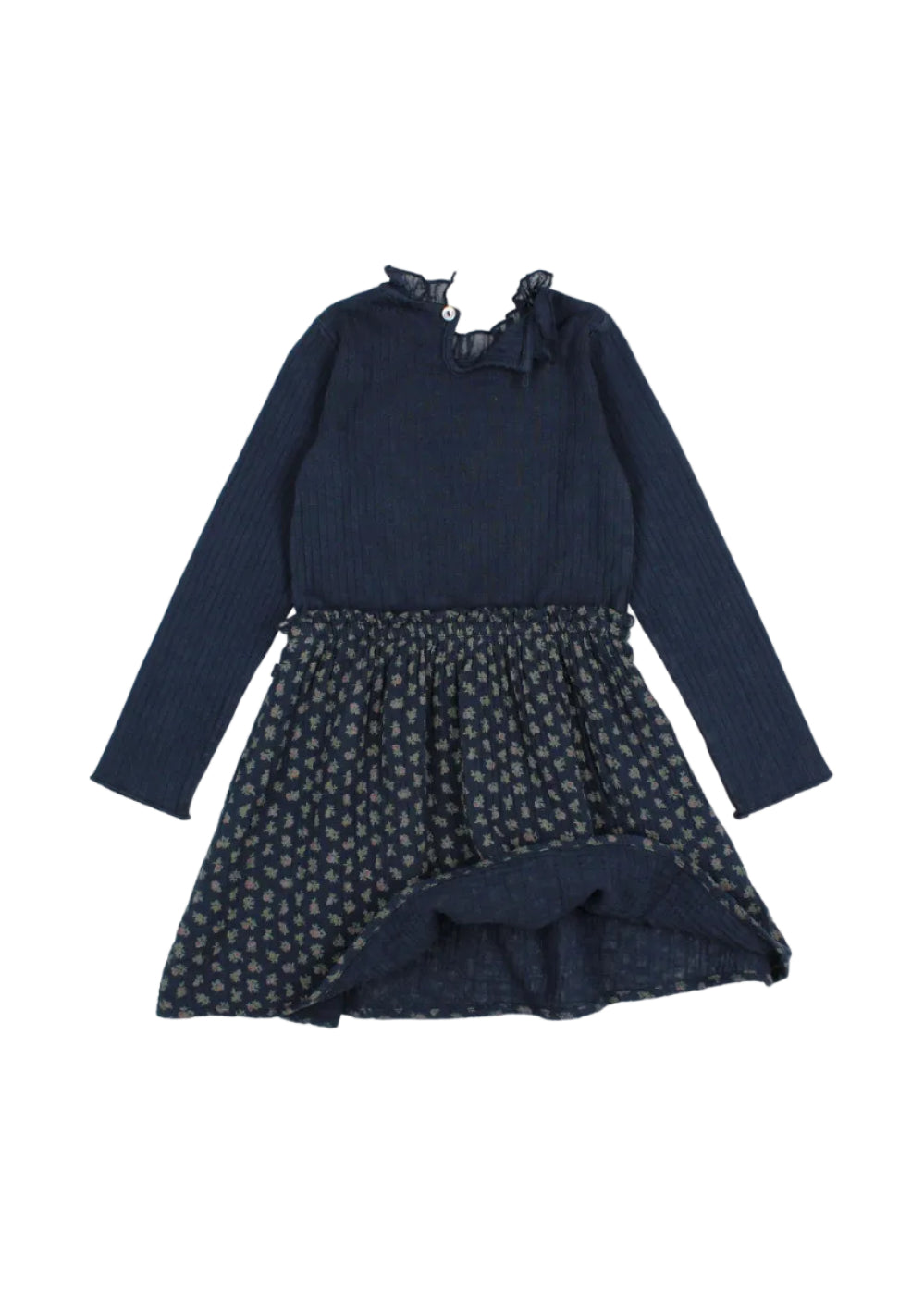 A long-sleeve dress in dark navy blue, featuring a ribbed knit top and a flared skirt with a small floral pattern, laid flat against a light gray background.