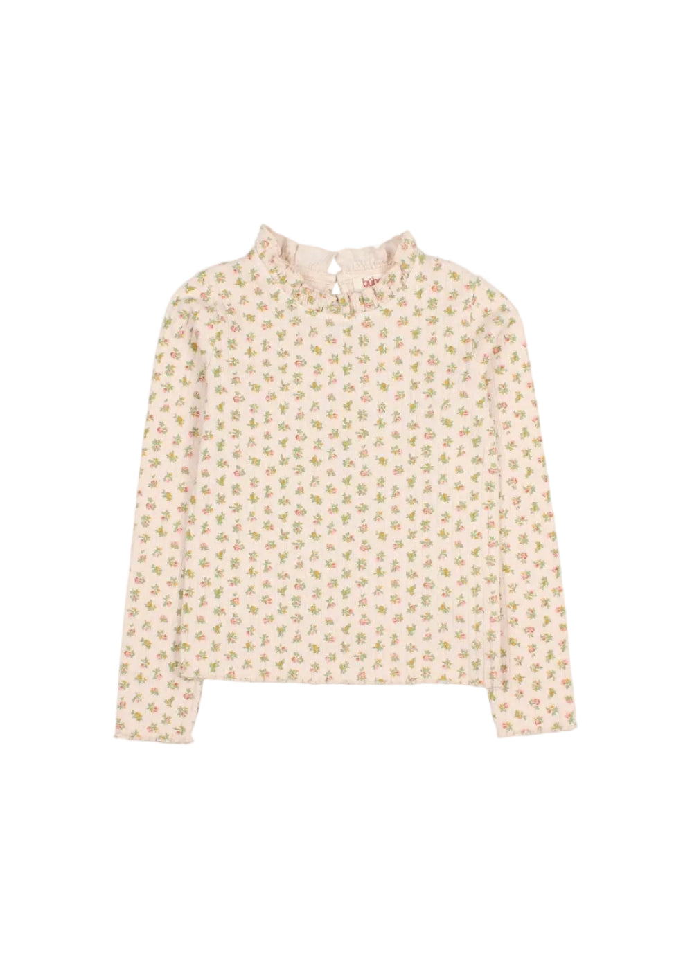 A long-sleeve blouse with a high mock neck, featuring a delicate all-over floral print in muted green and pink on a warm cream background, shown against a plain light gray studio background.