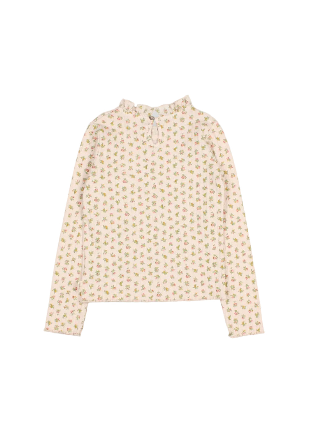 A long-sleeve blouse with a high ruffled collar and a delicate all-over floral print in soft pink, green, and yellow on a light cream background, shown flat against a light gray background.