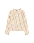 A long-sleeve blouse with a high ruffled collar and a delicate all-over floral print in soft pink, green, and yellow on a light cream background, shown flat against a light gray background.