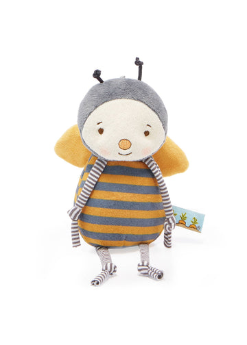 Toy bee with striped body and gray helmet on a white background