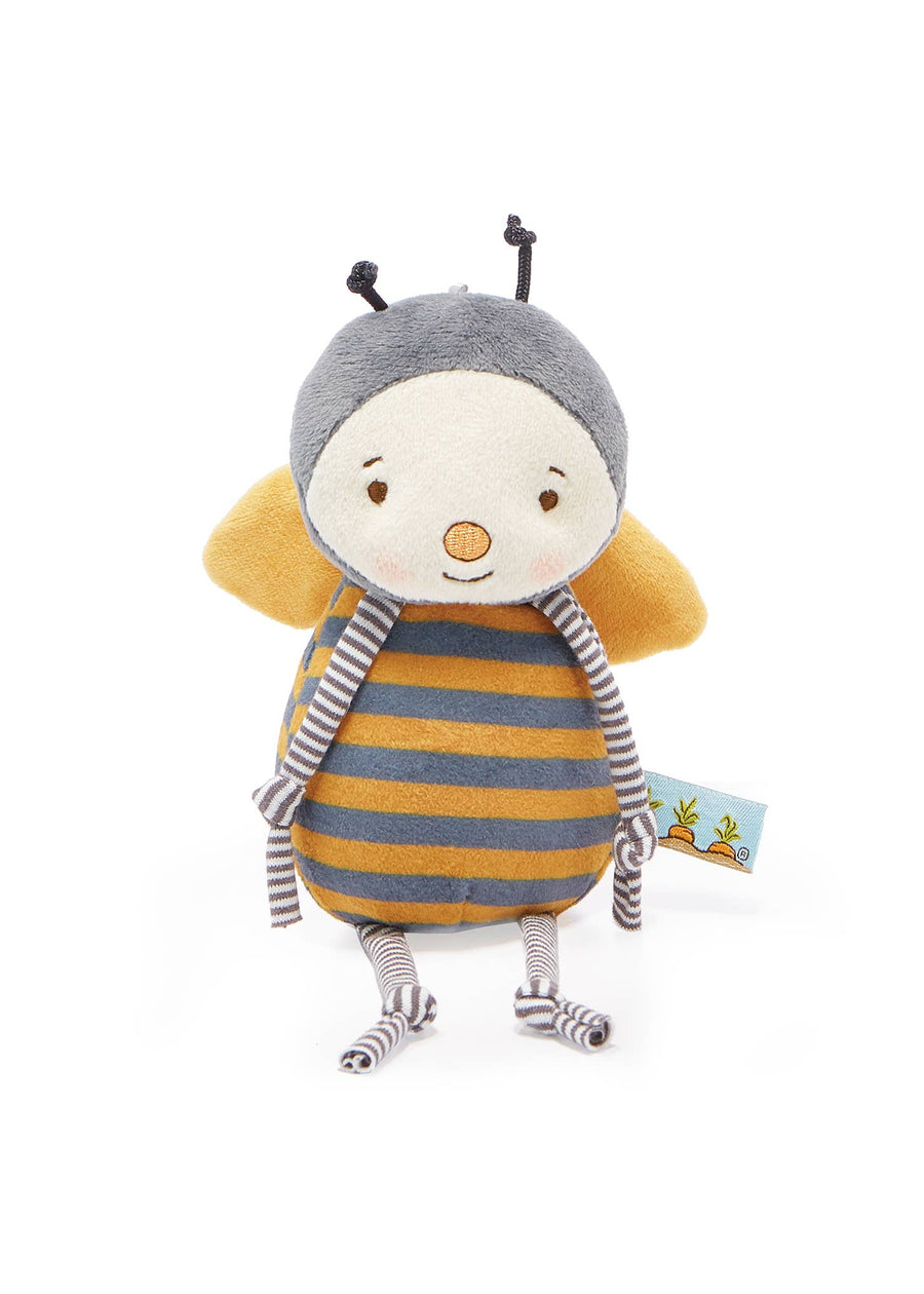 Toy bee with striped body and gray helmet on a white background