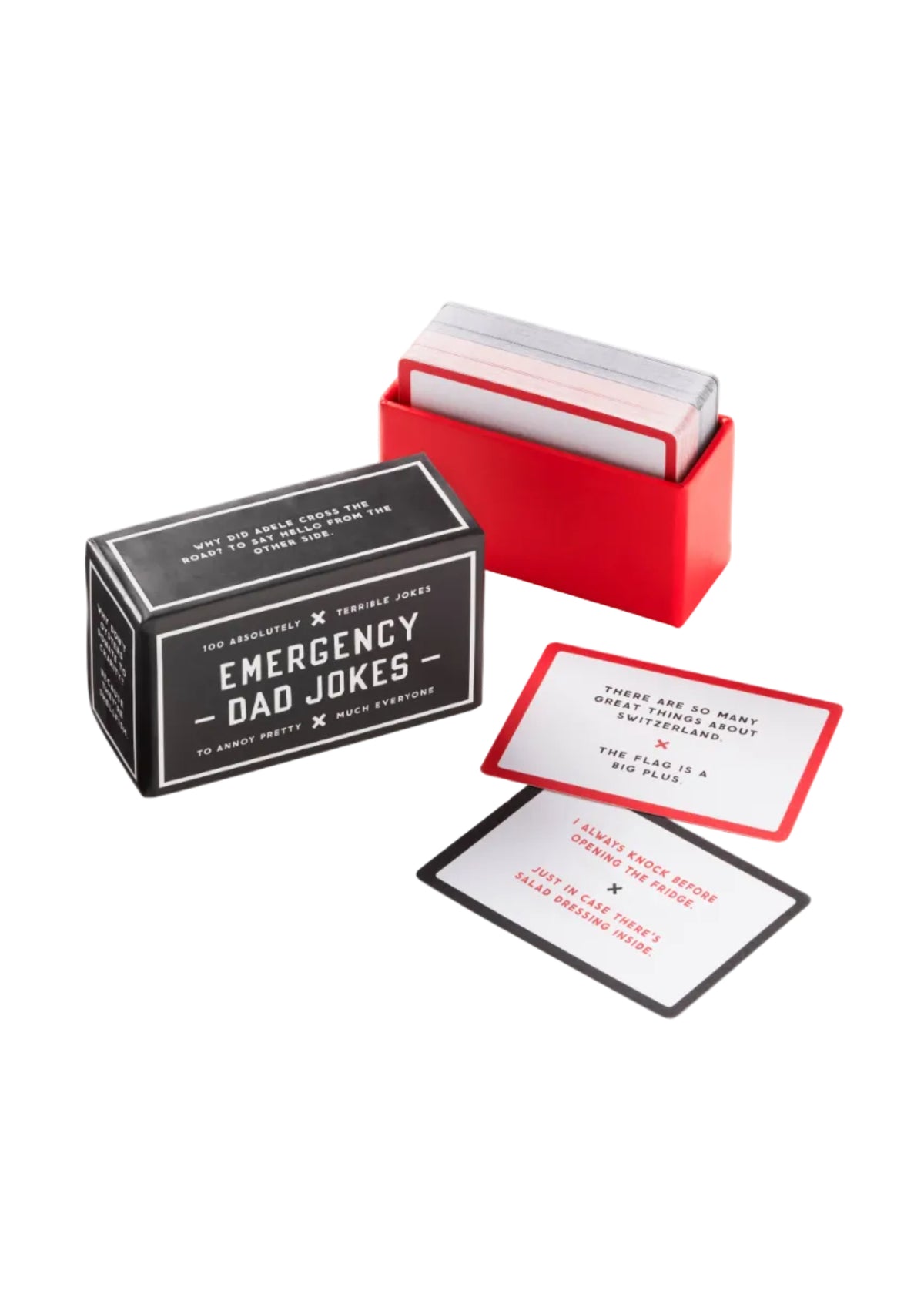 Card set with 'Emergency Dad Jokes' packaging on a white background