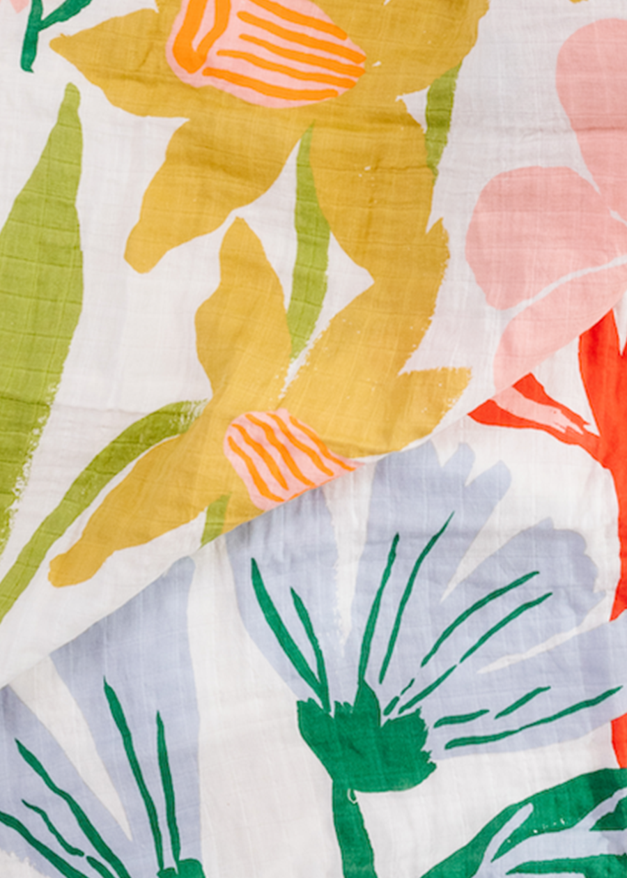 Close-up of a colorful floral pattern with various flowers and leaves on a white background.