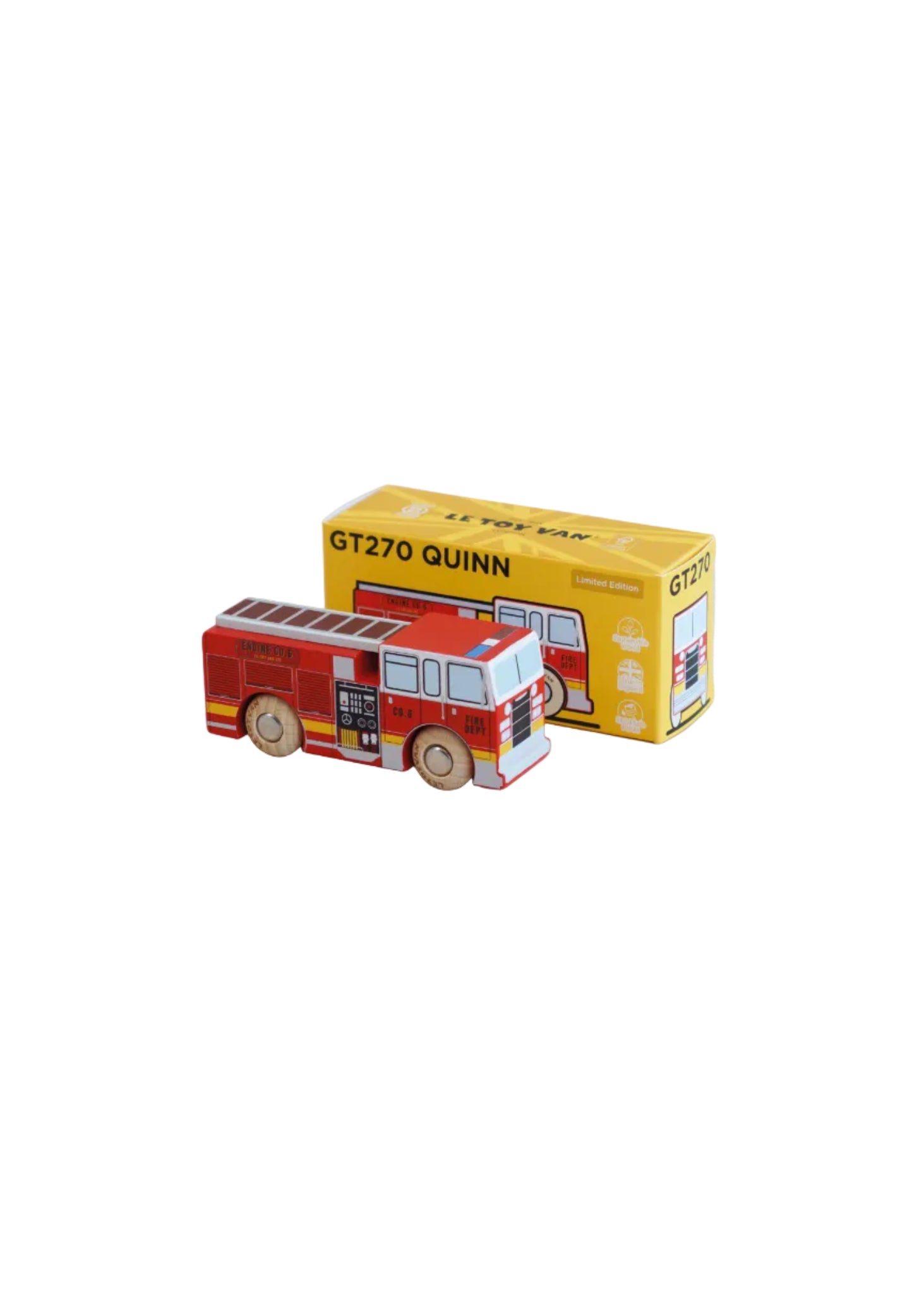 Red toy fire truck in front of its yellow packaging box labeled 'GT270 Quinn' on a beige background.