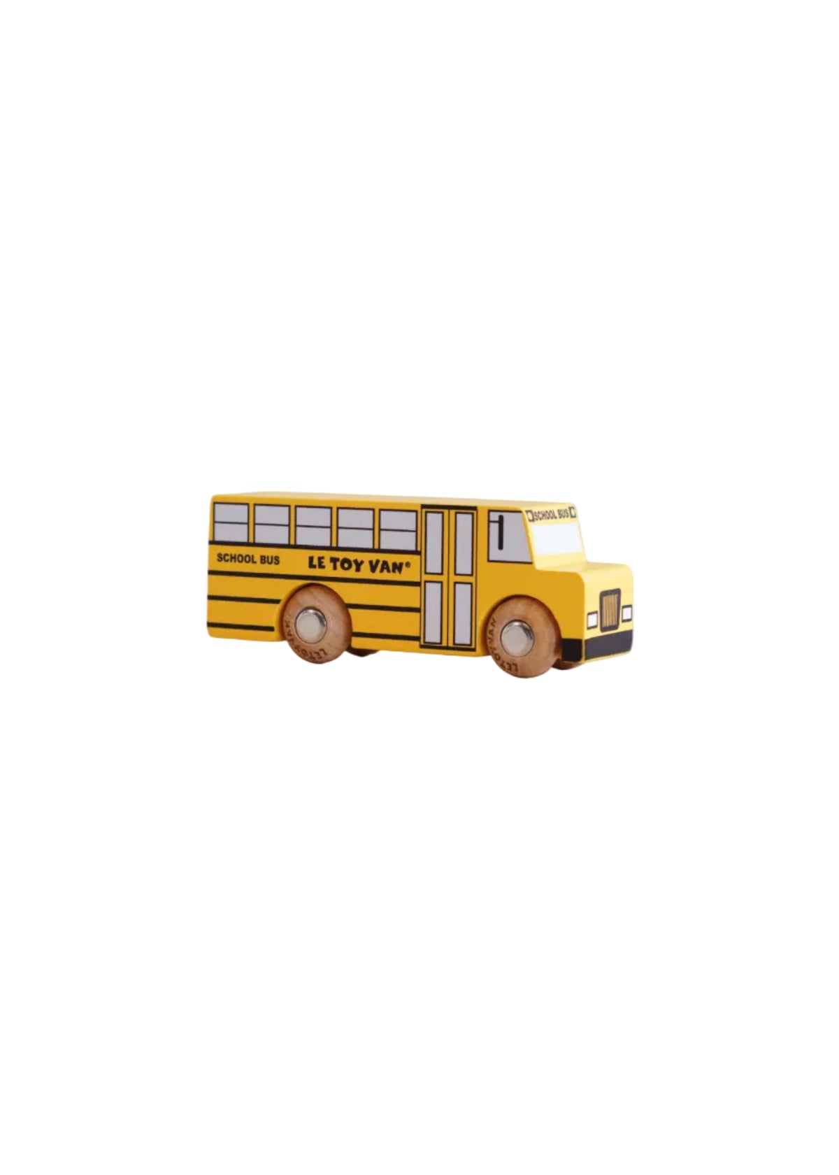 Yellow toy school bus with 'Le Toy Van' branding on a light gray background